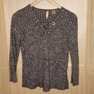 Chenault Womens Black Heathered Ribbed Knit Top With Lace Up Detail Medium